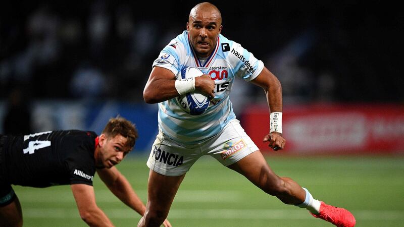 Racing’s Irish fullback Simon Zebo slips a tackle during the Champions Cup semi-final against Saracens. Photograph: Getty