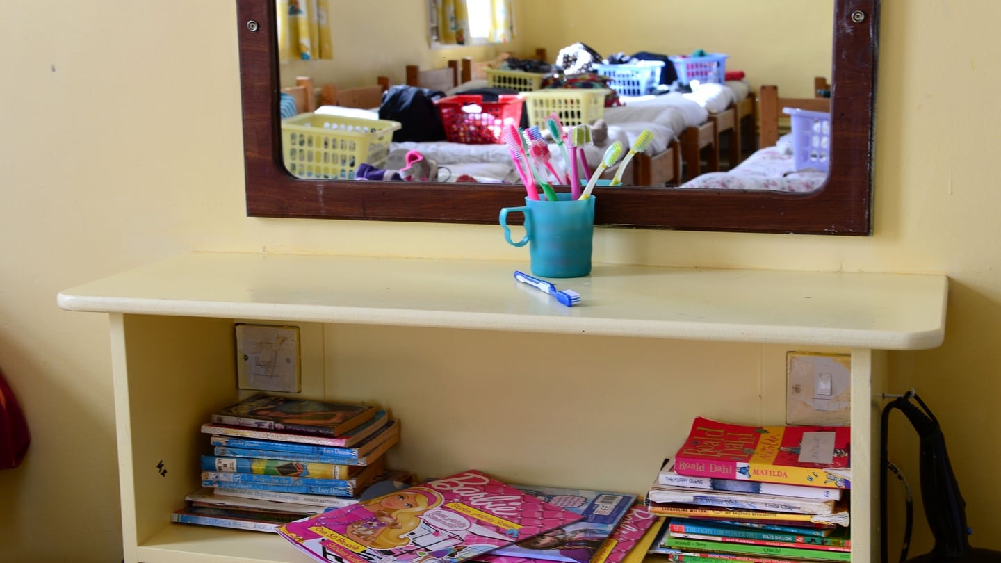 The dormitory’s bookshelf at Sunshine House, Balbriggan. Photograph: Dara Mac Dónaill