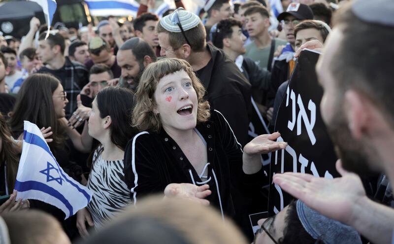 A protester arguing with a supporter of Mr Netanyahu during competing rallies in Jerusalem on Monday. Photograph: Avishag Shaar-Yashuv/The New York Times