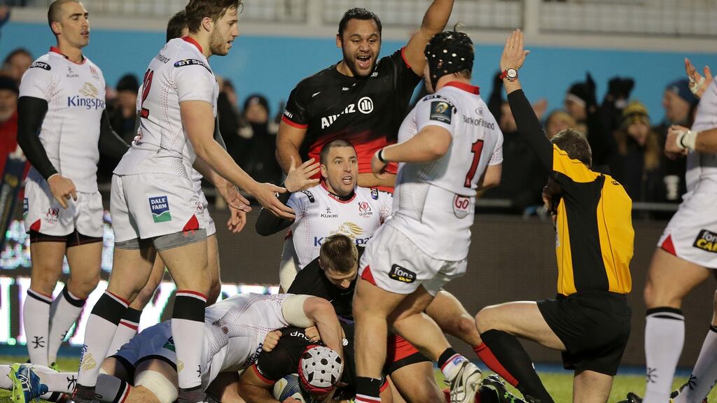 Billy Vunipola celebrates Schalk Brits’ try as Saracens beat Ulster in the Champions Cup. Will Les Kiss’ side rue that loss after this weekend? Photo: Morgan Treacy/Inpho