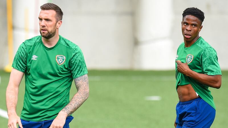 Shane Duffy and Chiedozie Ogbene during a training session in Andorra. Photograph: Bagu Blanco/Inpho