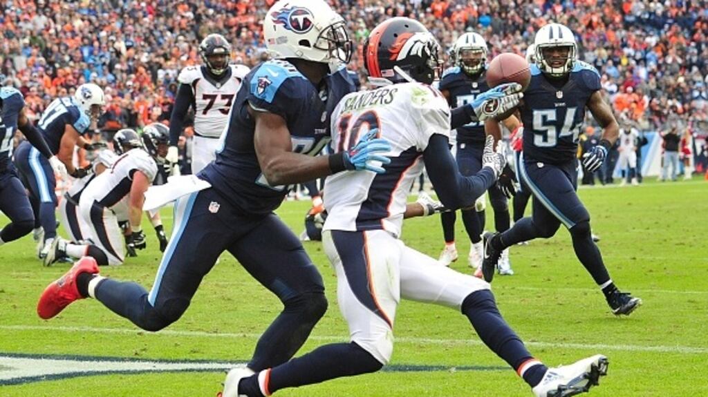 Emmanuel Sanders’ touchdown wasn’t enough to give the Denver Broncos victory over the Tennessee Titans. Photograph: Getty/Frederick Breedon