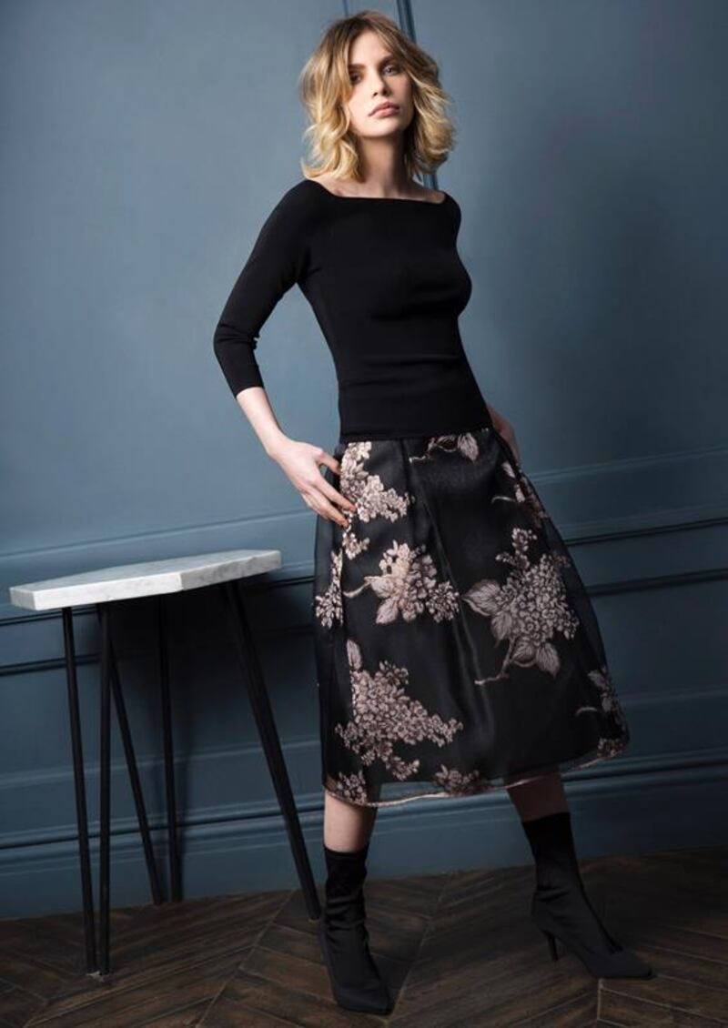 Black wide neck knit top - €119 (XS-L). Black and truffle organza skirt - €229 (also comes in black and teal) in sizes 8-18
