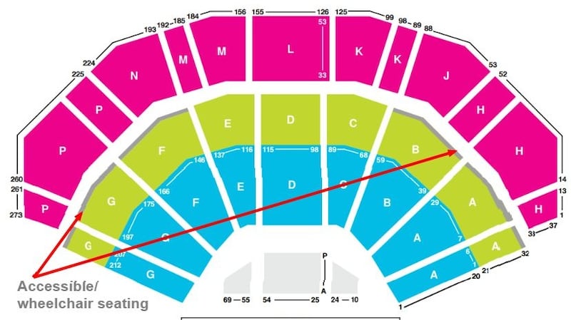 The wheelchair seating/viewing areas at the 3Arena (coloured grey, to left and right of stage). Photograph: 3Arena