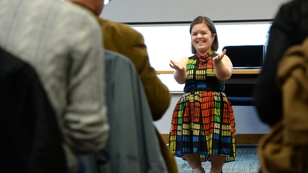 Sinead Burke, writer and campaigner, addressing a seminar organised  by the Press Council of Ireland, and the Office of the Press Ombudsman on the role of  the print media  in advancing the participation and representation of minority communities in society. Photograph: Dara Mac Dónaill / The Irish Times