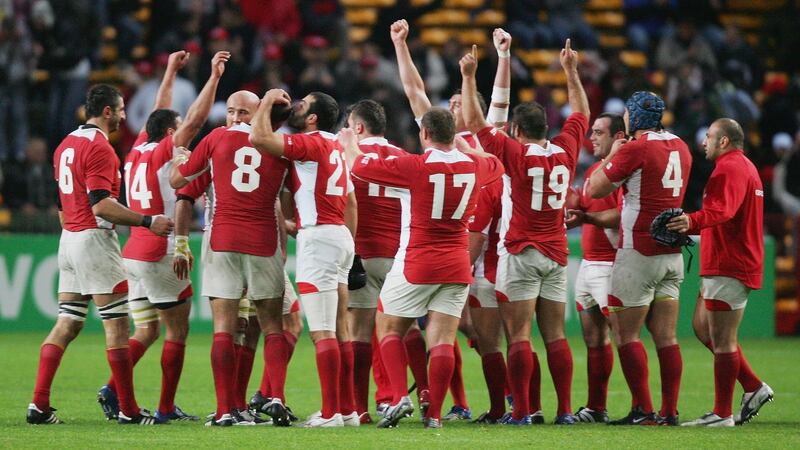 Georgia celebrate their maiden Rugby World Cup victory over Namibia in 2007. Photograph: Warren Little/Getty