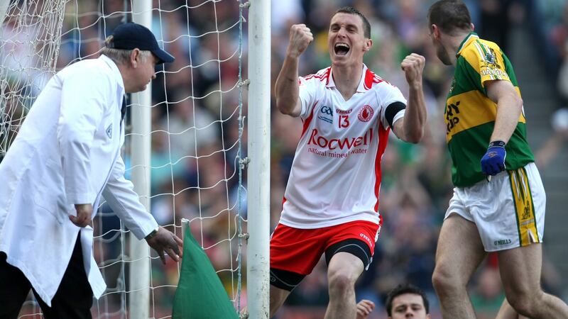Tyrone’s Tommy McGuigan celebrates scoring a goal against Kerry in the 2008 final. Photograph: James Crombie/Inpho