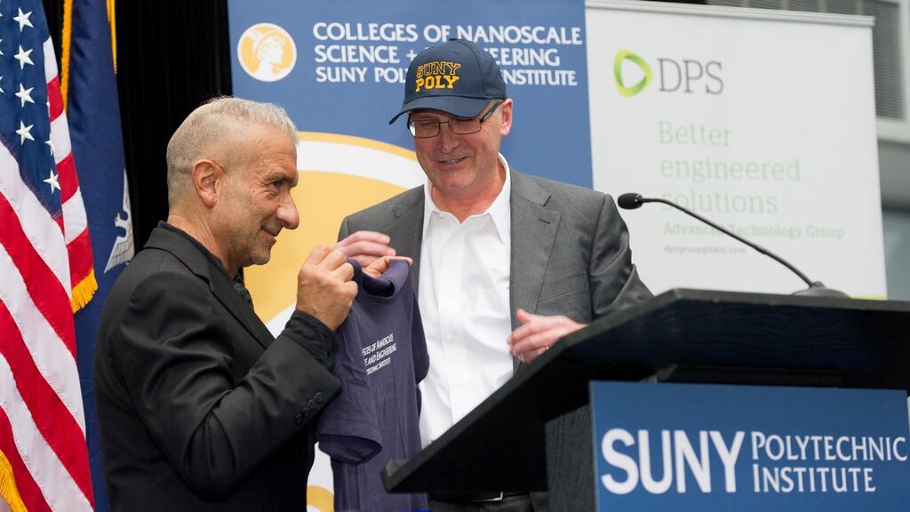 Dr Alain Kaloyeros, SUNY Poly president and chief executive and Frank Keogh, DPS chief executive, at the opening of the new DPS headquarters on the  polytechnic institute campus in Albany, New York.