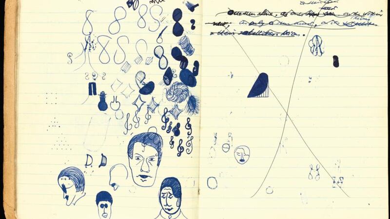 Pages from a draft of Samuel Beckett’s first novel Murphy, featuring doodles of various people including James Joyce.