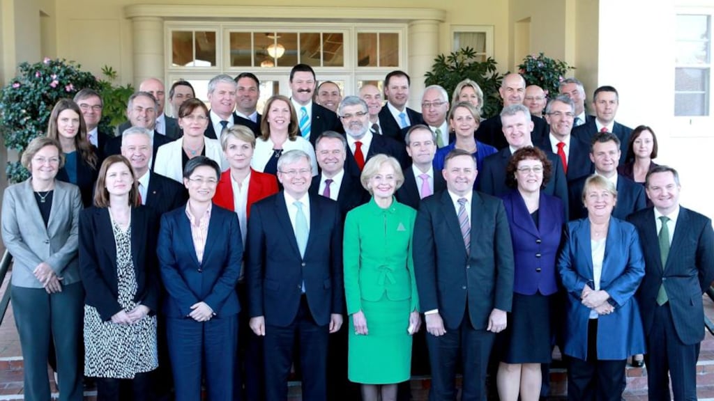 Australian prime minister Kevin Rudd and governor general Quentin Bryce introduce the Labor cabinet and stand for a photograph at Government House in Canberra. Photograph: Cole Bennetts/Getty Images.