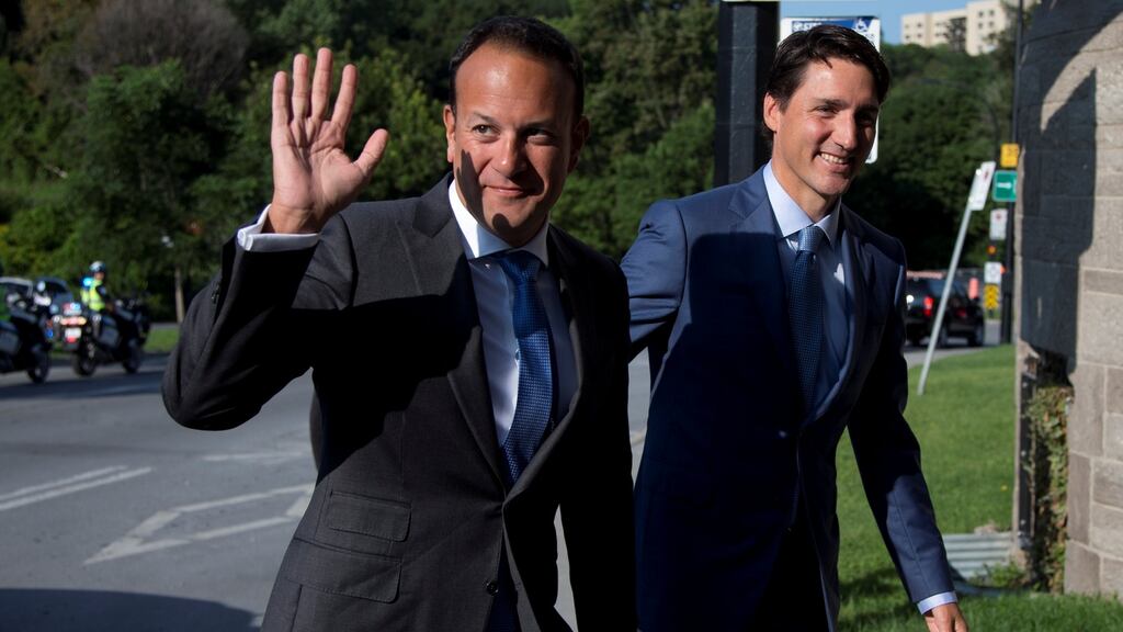 Canada’s prime minister Justin Trudeau with Taoiseach Leo Varadkar in Montreal, Canada. Photograph: Reuters/ Christinne Muschi