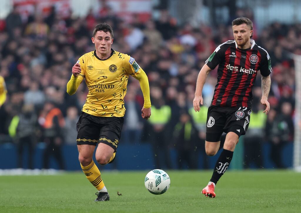 Kian Leavy in action against Bohemians' Adam McDonnell during the FAI Cup final. The St Pat's player has been called up for the Republic of Ireland under-21squad. Photograph: Bryan Keane/Inpho