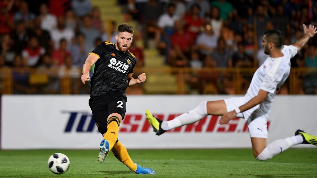 Matt Doherty scores Wolves’ opening goal  in the Europa League third qualifying round, first leg against FC Pyunik  at Pyunik Stadium  in Yerevan, Armenia. Photograph: Sam Bagnall/AMA/Getty Images