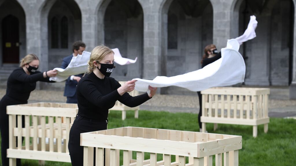 Drama and theatre studies students from NUI Galway perform in Nochtaithe (Unveiled), an artistic response to the survivor testimonies gathered and archived as part of NUI Galway’s Tuam oral history project. Photograph: Aengus McMahon