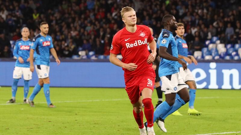 Erling Haaland celebrates scoring for RB Salzburg against Napoli. Photograph: Francesco Pecoraro/Getty