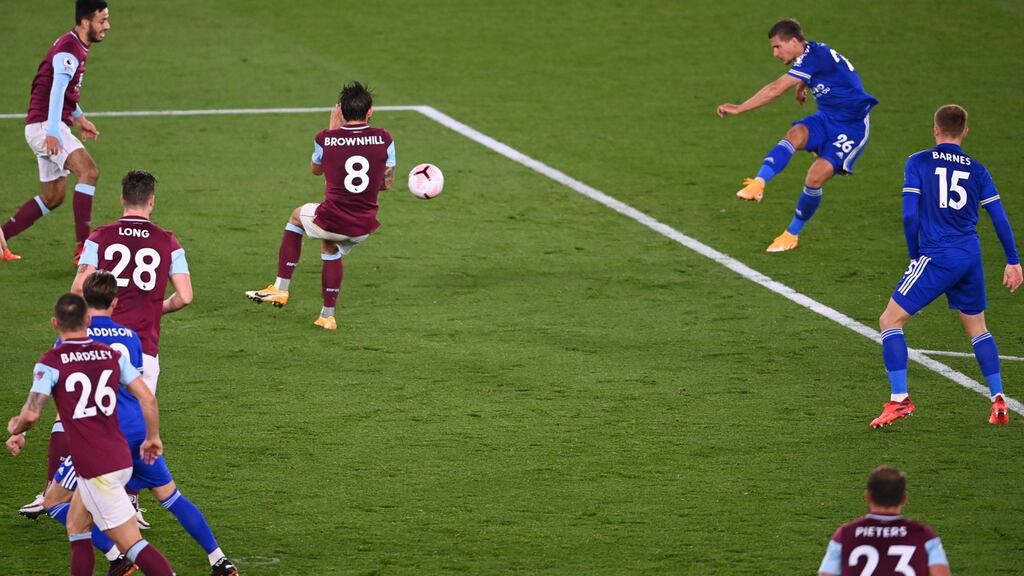 Dennis Praet scores Leicester City’s fourth against Burnley. Photograph: Laurence Griffiths/Getty/AFP