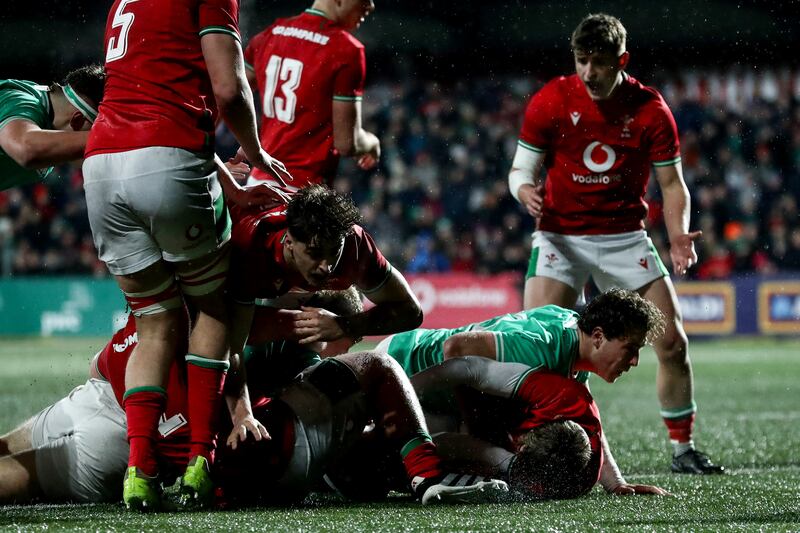 Ireland's Hugh Gavin scores his side’s second try. Photograph: Ben Brady/Inpho