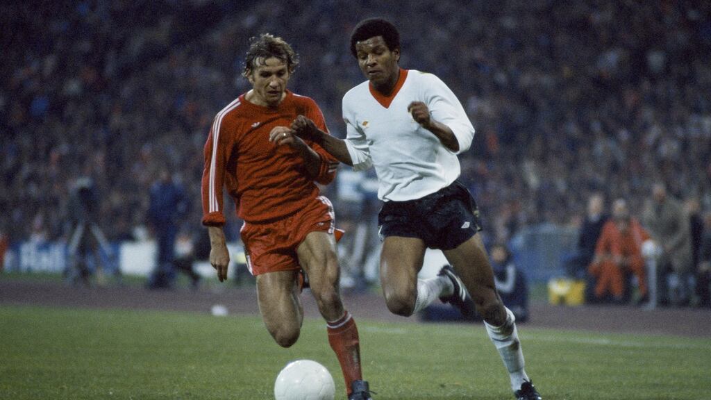 Howard Gayle of Liverpool (right) moves past Wolfgang Dremmler of Bayern Munich during the European Cup Semi-Final 2nd leg at the Olympic Stadium in Munich, 22nd April 1981. Photograph: Keith Hailey/Popperfoto/Getty Images