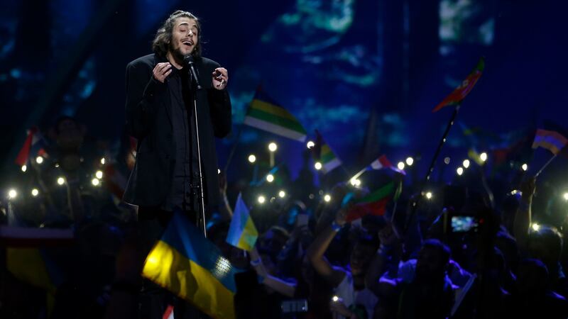 Singer Salvador Sobral, representing Portugal, performs the song ‘Amar Pelos Dois’ during the final of the 62nd Eurovision song contest in Kiev. Photograph: Michael Campanella/Getty Images