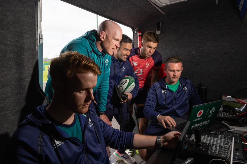 Alan Walsh, performance analyst, IRFU, Paul O’Connell, Ireland’s forward coach, Vinny Hammond, head of analytics and innovation with the IRFU, player Jack Crowley and John Buckley, performance analyst, IRFU