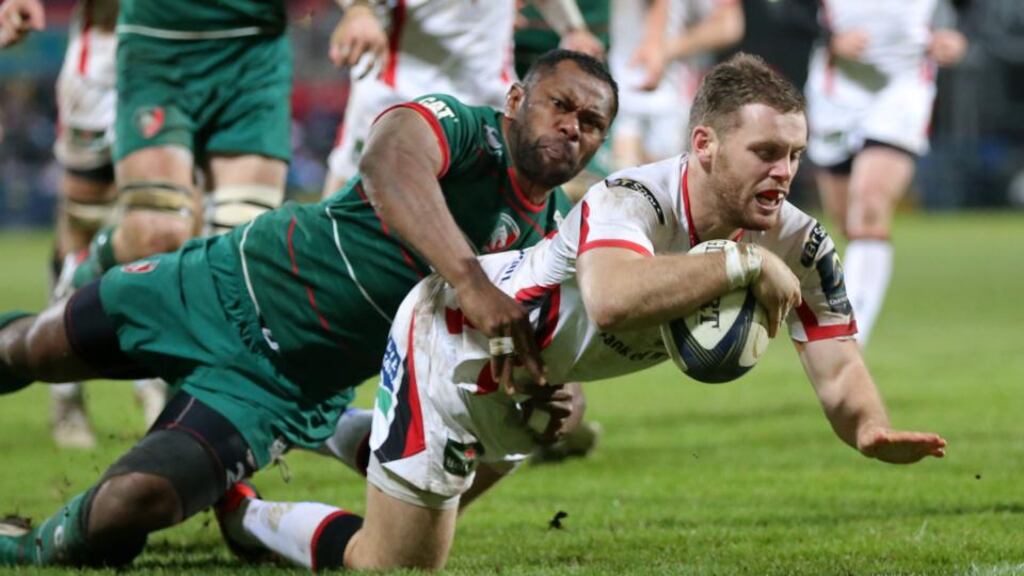 Ulster’s Darren Cave goes over for his hat-trick try in the Champions Cup game against Leicester at Ravenhill. Photograph: Darren Kidd/Inpho/Presseye