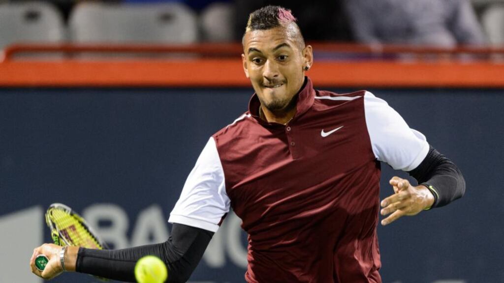 Nick Kyrgios hits a return against Stan Wawrinka during the Rogers Cup tournament in Montreal. Photograph: Minas Panagiotakis/Getty Images.