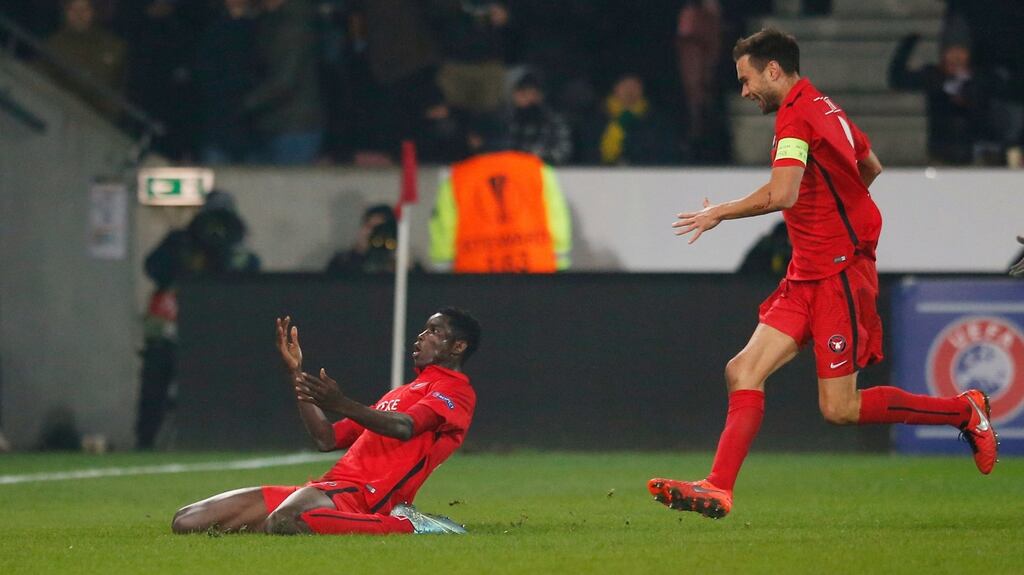 FC Midtjylland’s Paul Onuachu celebrates scoring their second goal in the Europa League first leg against Manchester United at  MCH Arena in Herning, Denmark. Photograph:  Paul Childs/Action Images via Reuters/Livepic