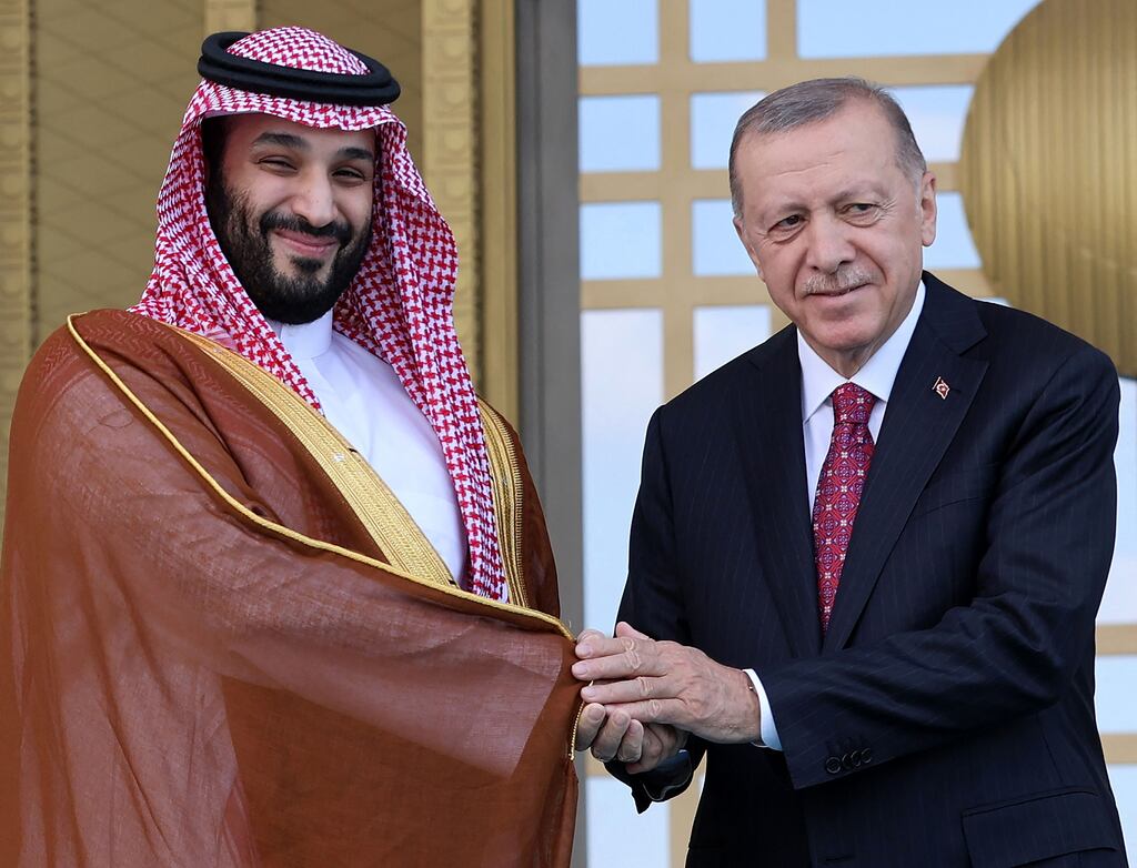 Turkey's President Recep Tayyip Erdogan shakes hands with Crown Prince of Saudi Arabia Mohammed bin Salman during an official ceremony at the presidential palace in Ankara on Wednesday. Photograph: Adem Altan / AFP via Getty Images