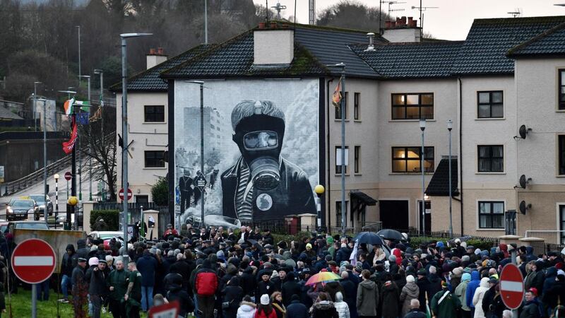 People take part in a Bloody Sunday march towards Derry’s Guildhall, as they mark the 50th anniversary of  the massacre. Photograph: Charles McQuillan/Getty Images