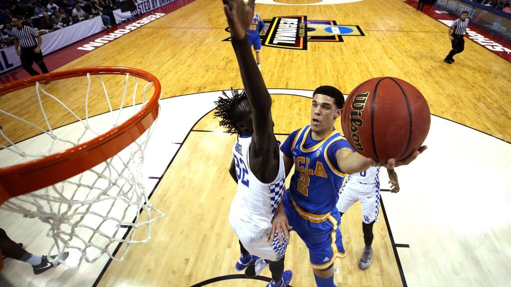 Lonzo Ball (right) is expected to be a top three pick in this summer’s NBA draft unless clubs are scared off by his father’s antics. Photograph: Andy Lyons/Getty Images