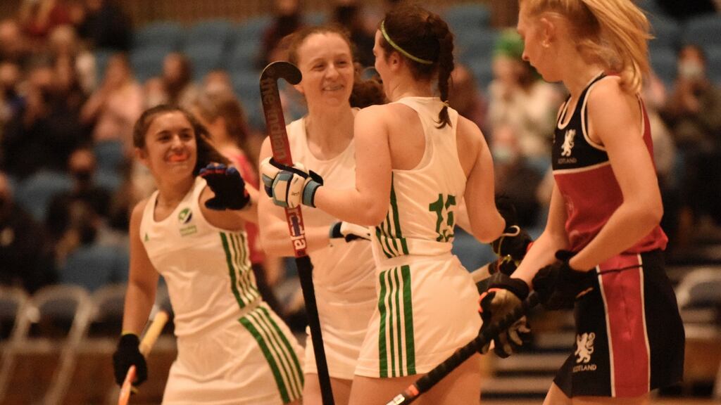 Ireland celebrate Mikayla Power’s goal. Photograph: Billy Pollock
