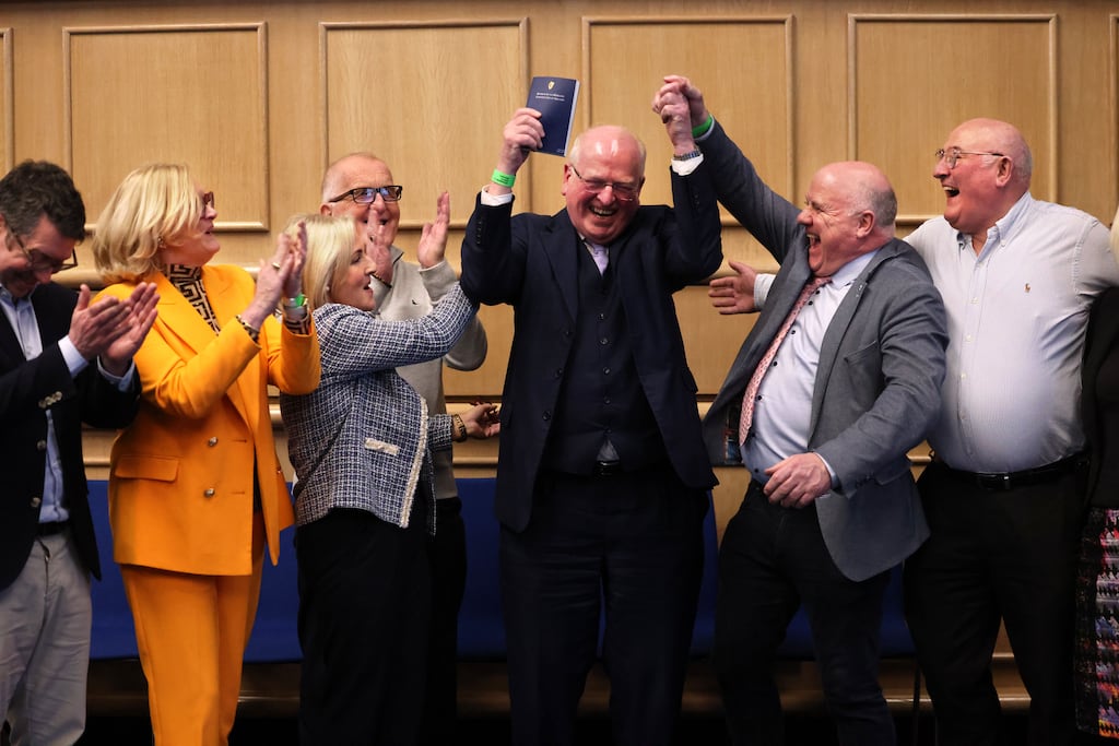 Senator Michael McDowell, with Senator Rónán Mullen, Senator Sharon Keoghan, Verona Murphy TD, Noel Grealish TD and Gerard Craughwell at the announcement of results at the Central Count Centre, Dublin Castle, on Saturday. Photograph: Dara MacDónaill
