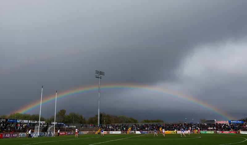 A rainbow during the game. Photograph: James Crombie/Inpho