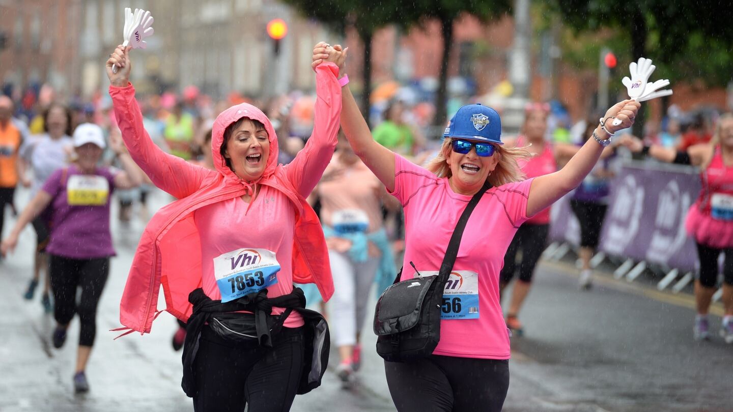 Breid Hughes and Mary O’Flaherty, both from Warrenpoint, Co Down, celebrate finishing the Vhi Women’s Mini Marathon 2017. Photograph: Dara Mac Dónaill