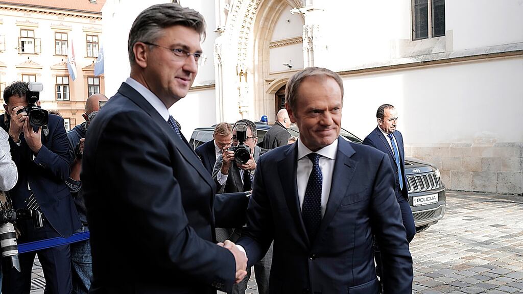Croatian Prime Minister Andrej Plenkovic (left) welcomes president of the European Council Donald Tusk (right), during his visit to the Croatian capital Zagreb, Croatia ahead of tThe European People’s Party (EPP) congress. Photograph: EPA/Antonio Bat