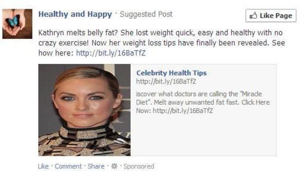 The unauthorised Facebook ad featuring Kathryn Thomas