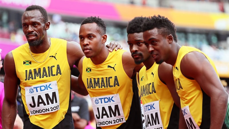 The Jamaican 4x100m team of Usain Bolt, Julian Forte, Michael Campbell, and Tyquendo Tracey. Photograph: Srdjan Suki/EPA