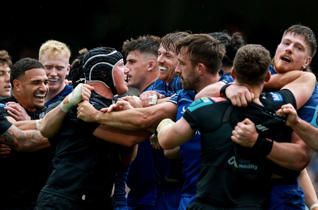 Tempers flare between Leinster and Glasgow Warriors during Saturday's URC semi-final at the Aviva Stadium. Photograph: Dan Sheridan/Inpho