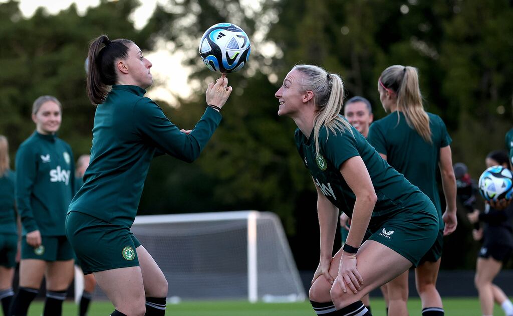 Lucy Quinn and Louise Quinn at Republic of Ireland women's squad training in Meakin Park, Brisbane, on Saturday. Photograph: Ryan Byrne/Inpho