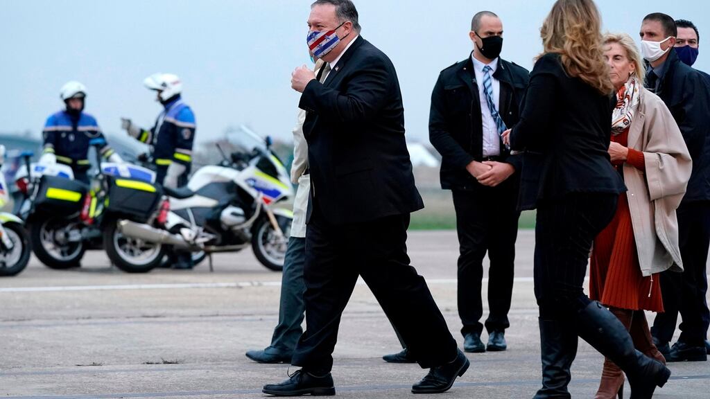 US secretary of state Mike Pompeo walks to a motorcade vehicle after stepping off a plane at Paris Le Bourget Airport on Saturday, November 14th, 2020. Photograph: Patrick Semansky/AFP/Getty