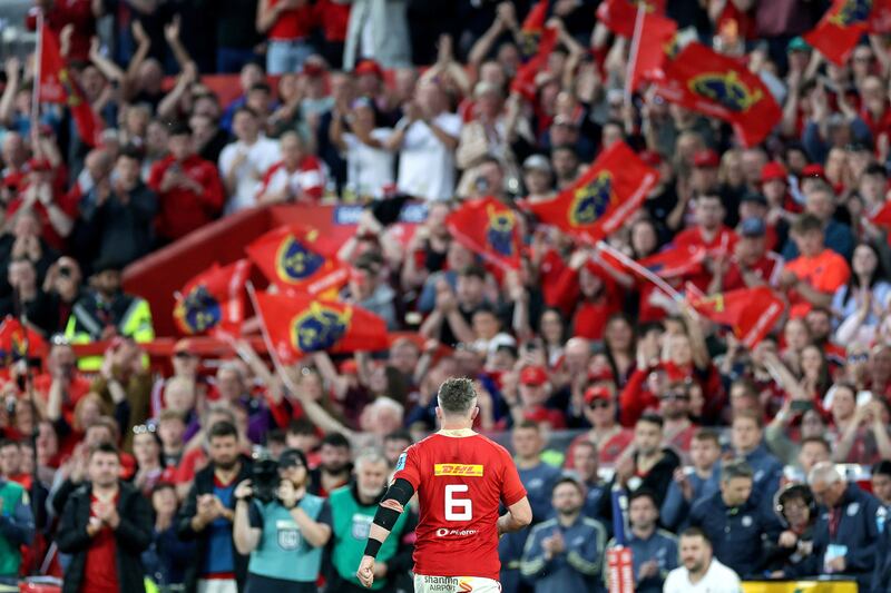 Munster's Peter O’Mahony leaves the pitch in his last game at Thomond Park. Photograph: Laszlo Geczo/INpho
