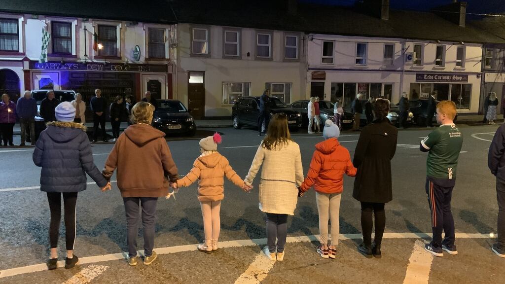 Hundreds gathered in the centre of Charlestown, Co Mayo on late on Friday night , for the arrival home home of the cortège of Detective Garda Colm Horkan. Photograph: Ellen O’Riordan