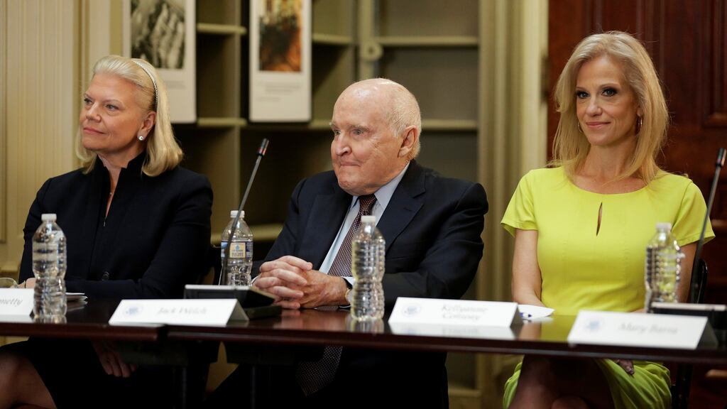 IBM chief executive Ginni Rometty, General Electric former chief executive Jack Welch and White House adviser Kellyanne Conway take part in a meeting of business leaders hosted by US president Donald Trump on Tuesday. Photograph: Joshua Roberts/Reuters