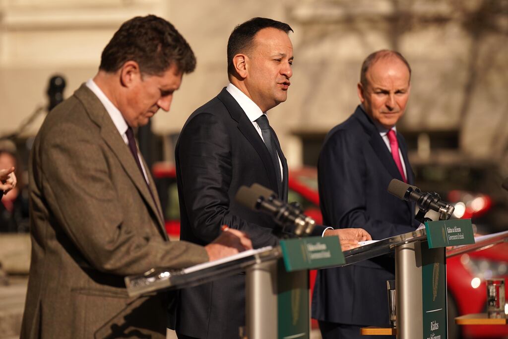 Coalition party leaders Eamon Ryan, Leo Varadkar and Micheál Martin. A newspaper article by three Fine Gael junior ministers has riled Fianna Fáil. Photograph: Niall Carson/PA