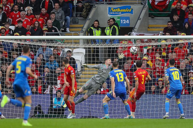 Wales' goalkeeper Wayne Hennessey makes a save during the World Cup playoff final against Ukraine at the Cardiff City Stadium. Photograph: Geoff Caddick/AFP via Getty Images