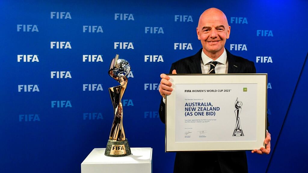 Fifa president Gianni Infantino poses next to the Women’s World Cup Trophy after the announcement that Australia and New Zealand are the winning hosts for the Women’s World Cup 2023. Photograph: AFP via Getty Images
