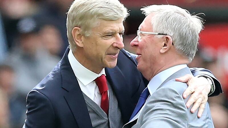 Manchester United’s former manager Alex Ferguson  and  Arsenal’s manager Arsene Wenger pictured before Sunday’s  match between the two teams, at Old Trafford, Manchester, Britain. Photograph: Nigel Roddis/EPA