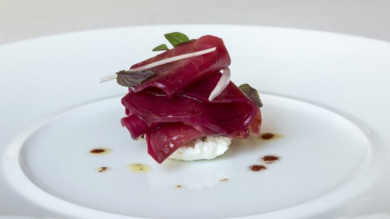 McNally Farm candy beetroot with Wildwood raspberry vinegar and St Tola goats’ cheese. Photograph: Paul Sherwood