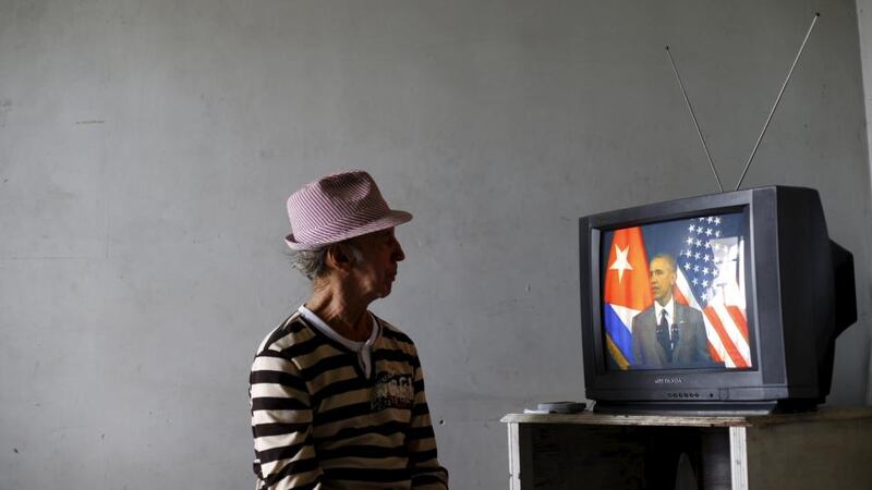 US president Barack Obama’s speech at the Gran Teatro de la Habana Alicia Alonso in Havana was televised lived. Photograph: Ivan Alvarado/Reuters