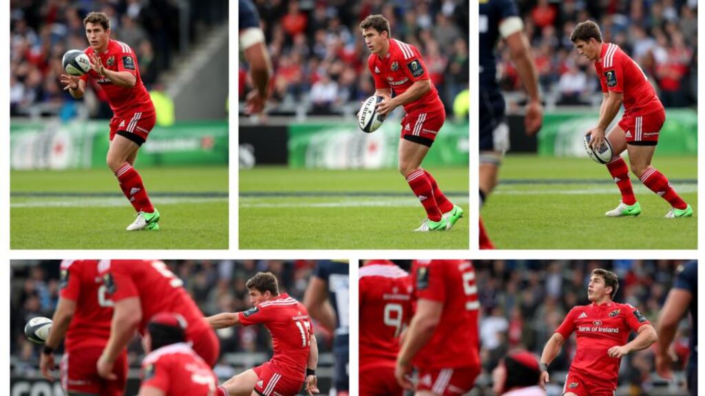 Ian Keatley kicks Munster’s match-winning drop goal against Sale in the first round of the European Champions Cup on Saturday at the AJ Bell stadium. Photograph: James Crombie/Inpho